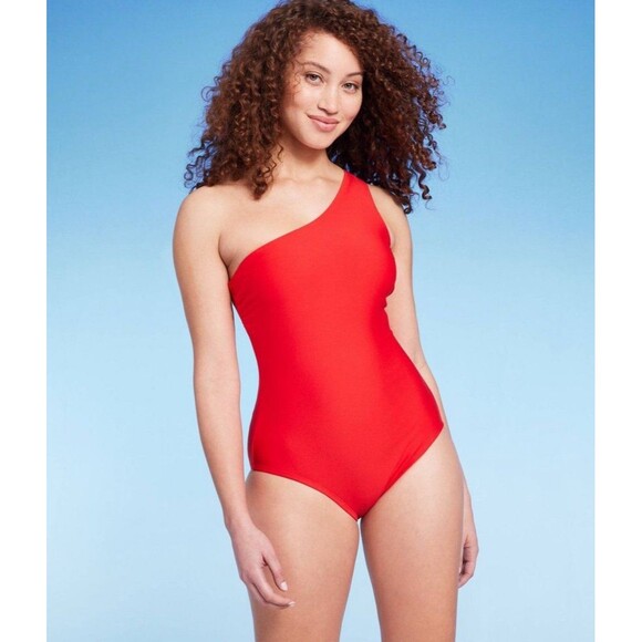 NWT Kona Sol Red Med Coverage One Shoulder One Piece Swimsuit W/ Tummy Control - Picture 1 of 2